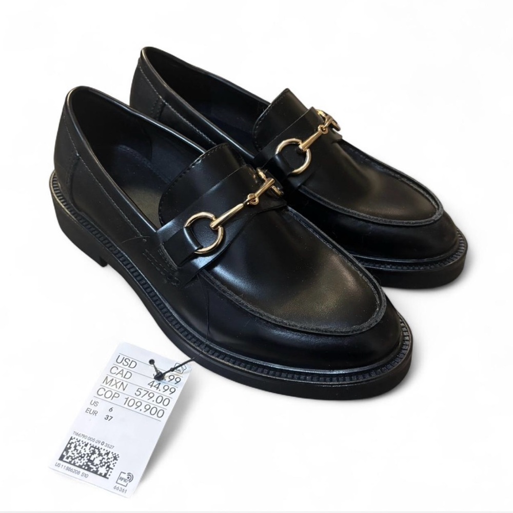 H&M Black Faux Leather Loafers with Gold Buckle Detailing